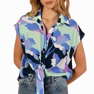 Anthropologie Hutch Tie Front Top Small Floral Print Button Up Cap Sleeve Blouse